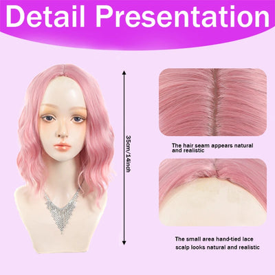 14Inch Pink Wig for Women Short Wavy Pastel Pink Wigs with Lace Shoulder Length Middle Part Curly Wavy  Wig