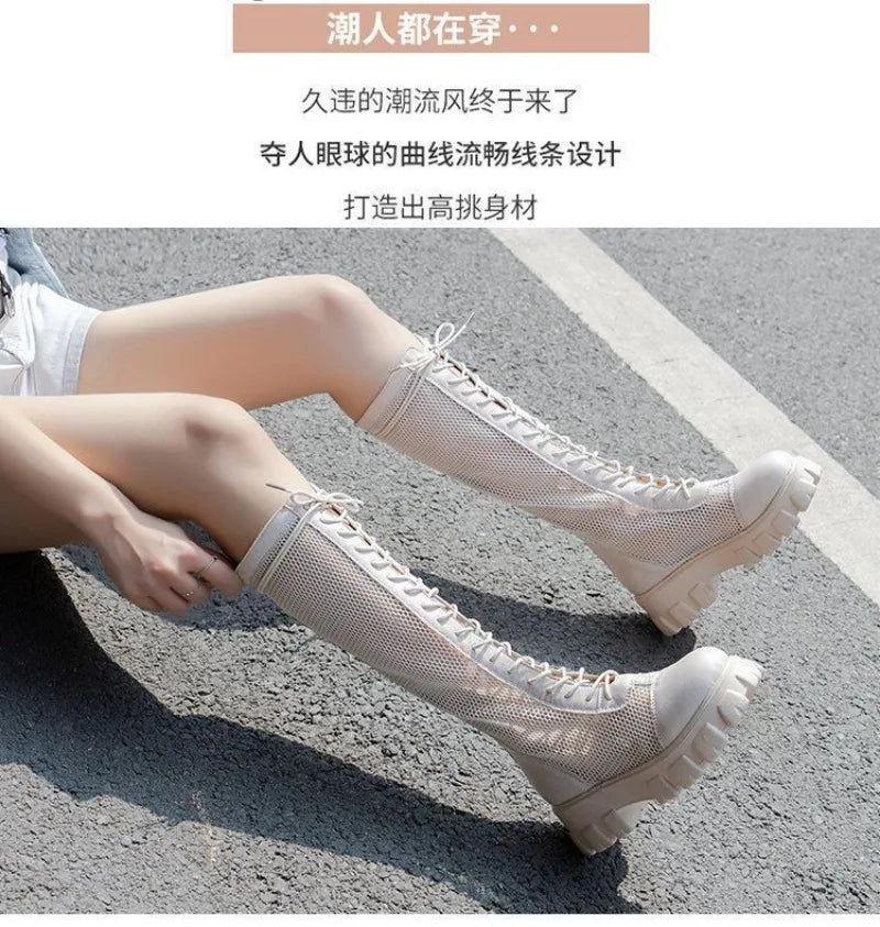 2025New Boots for Women Fashion Knee-high Boots Summer Breathable Hollow Out Mesh Boots Non Slip Platform Boot Punk Botas Mujer