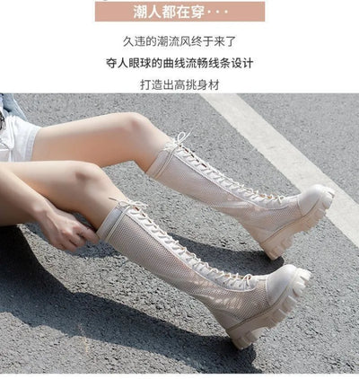 2025New Boots for Women Fashion Knee-high Boots Summer Breathable Hollow Out Mesh Boots Non Slip Platform Boot Punk Botas Mujer