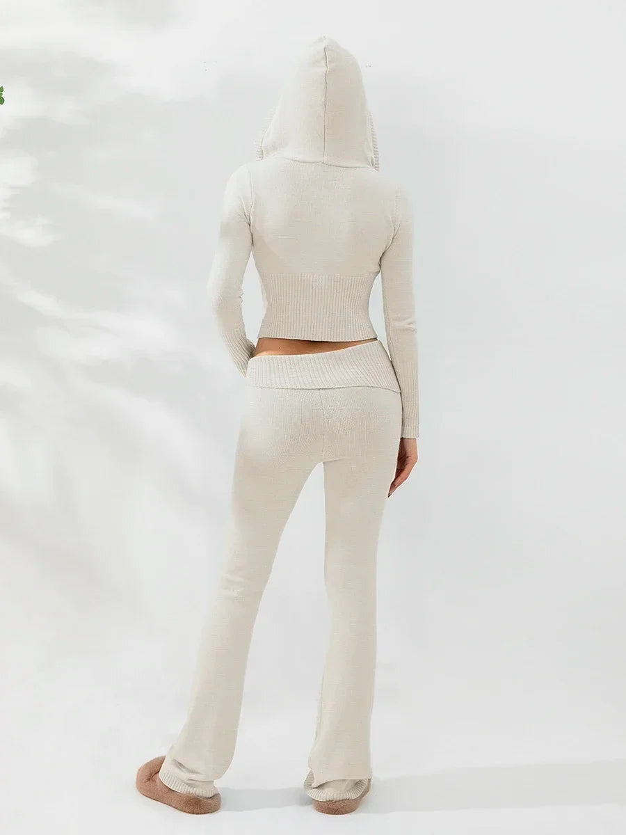 Women Tracksuit  Knit Lounge Set Long Sleeve Zip Up Hoodie with High Waist Wide Leg Pant 2 Piece Sweater Ensemble Casual Set