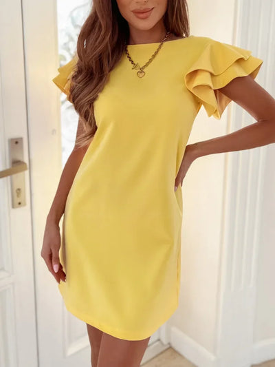Women Ruffle Short Sleeve Mini Party Dress Summer Female Slim Backless Tshirt Dresses HY-W220217
