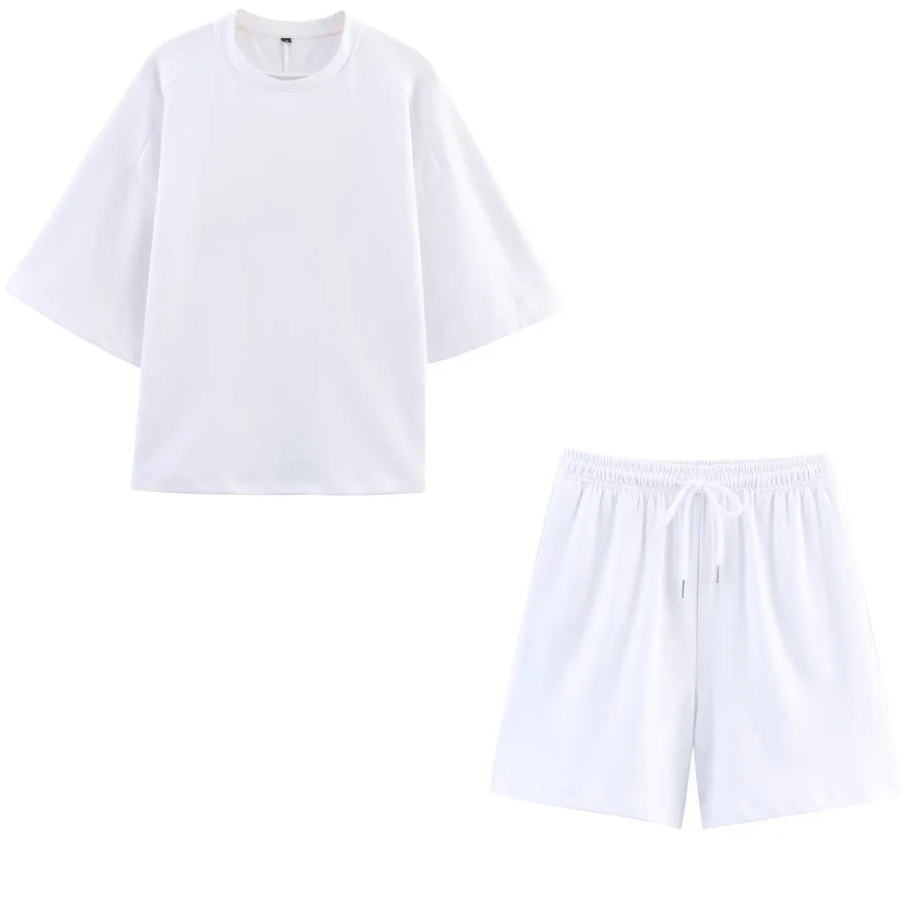 Women Summer Fashion 2 Pieces Short Sets Solid Loose T-Shirt and High Elastic Waist  Shorts Sportswear Female Chic Lady