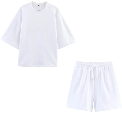 Women Summer Fashion 2 Pieces Short Sets Solid Loose T-Shirt and High Elastic Waist  Shorts Sportswear Female Chic Lady
