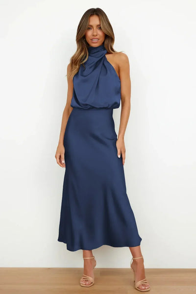 2025 Spring/Summer Long Dress for Women High Waist Halter Satin Sleeveless Dress Fashion Elegant Solid Evening Party Dresses