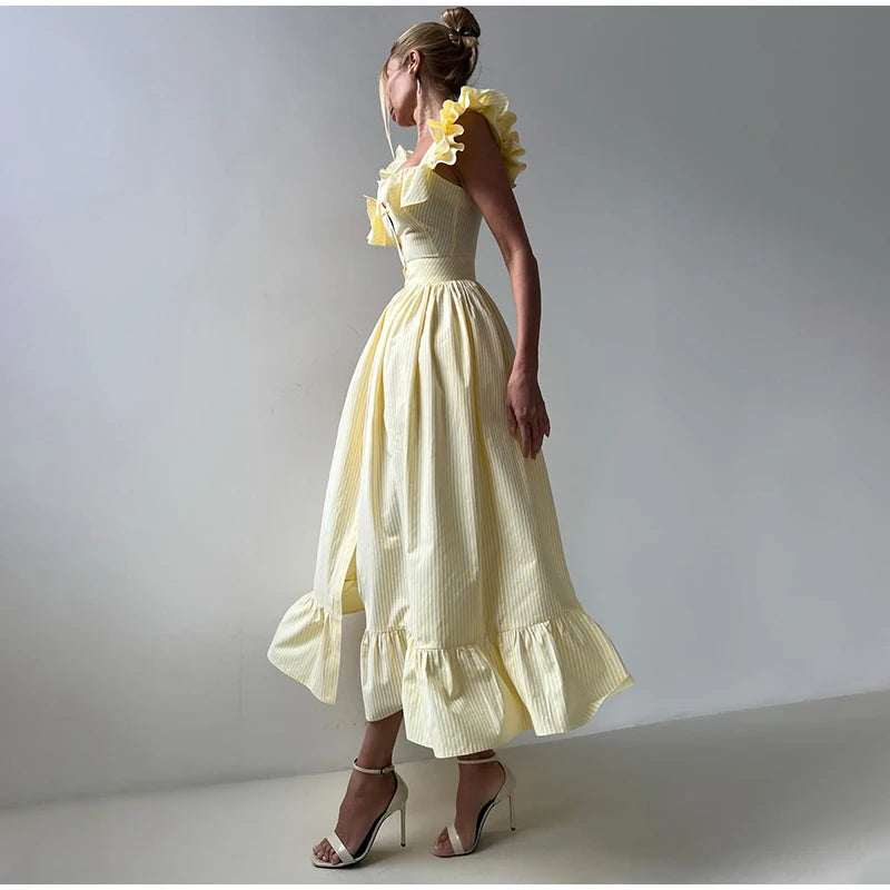 Ruffle Dress Women Fashion Backless A Line Slim Waist Striped Robe Female Flying Sleeves Buttons 2025 Summer Elegant Streetwear
