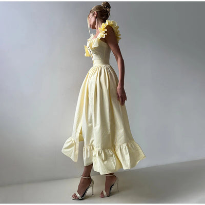 Ruffle Dress Women Fashion Backless A Line Slim Waist Striped Robe Female Flying Sleeves Buttons 2025 Summer Elegant Streetwear