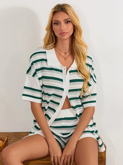 Women Pajamas Set 2 Pieces Loungewear Suits Summer Striped Contrast Color Button Crochet Knit Tops and Shorts Lounge Sets Beach