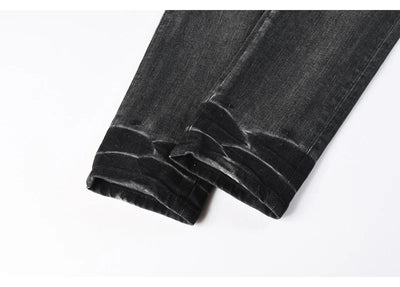 Fashionable new men's jeans with pleats, washed water, nostalgic perforations, red patches, men's black and gray jeans, high str