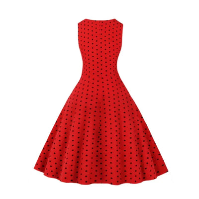 2025 New Women Party Dress Dot Print Sleeveless A Line 50s Evening Gowns Red A-line Tight Waist Prom Banquet Summer Midi Dress - Elanique