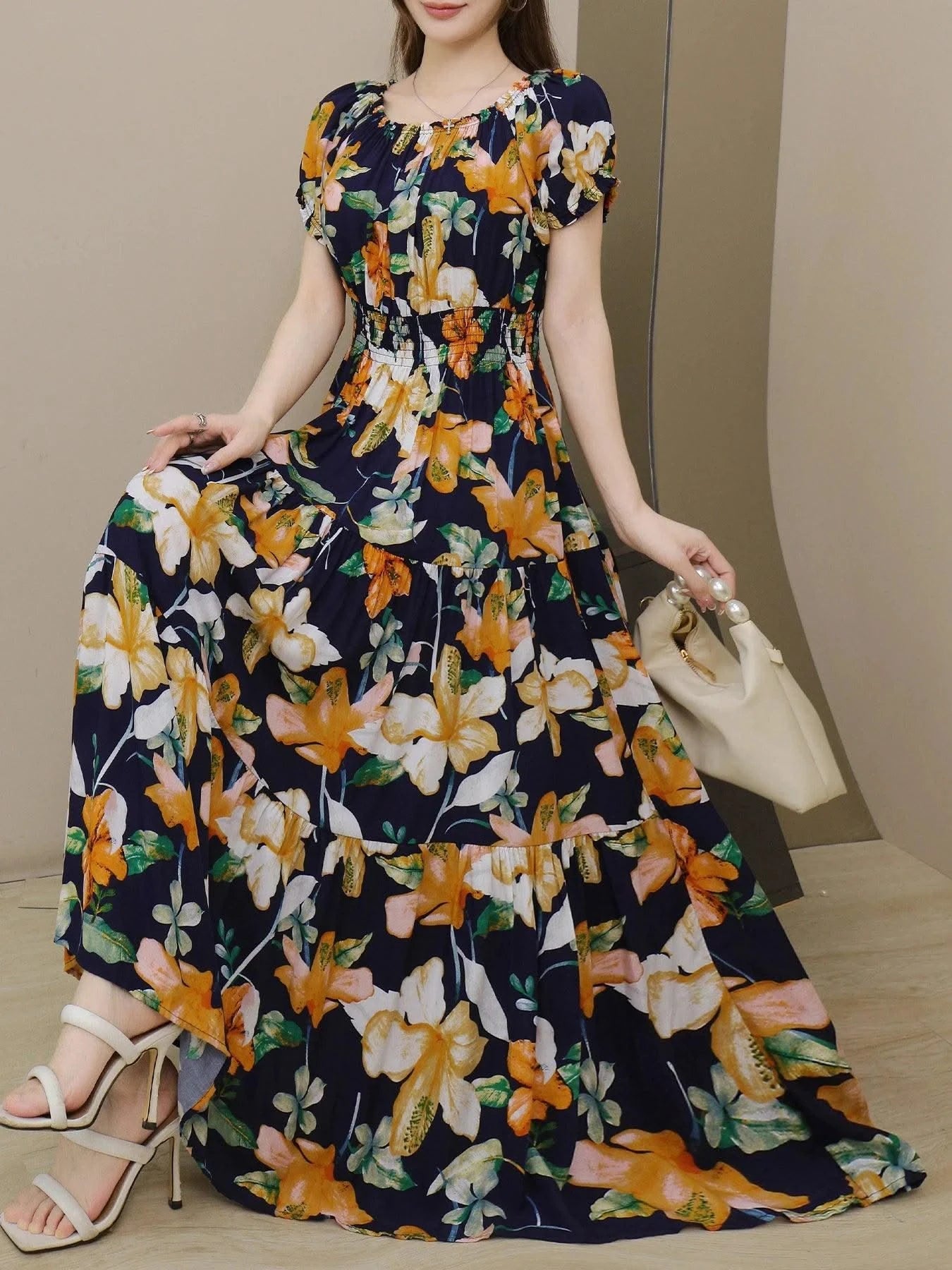 Women's Floral Summer Fashion Women's Print One-line Shoulder Dress Summer Beach Vacation Dress Causul Dress for Women