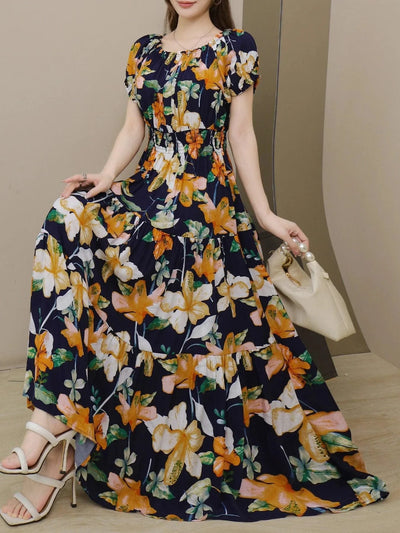 Women's Floral Summer Fashion Women's Print One-line Shoulder Dress Summer Beach Vacation Dress Causul Dress for Women