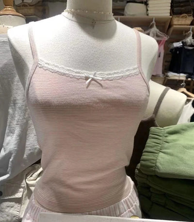 Women Pink Striped Bow Ornament Slim Camis Lace Edge Sleeveless Tops