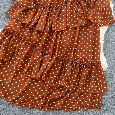 Dot Dress Women Long Dresses Print Chiffon Lace Up Flare Sleeve A Line Vestidos Streetwear Elegant Splice Y2k High Waist Party