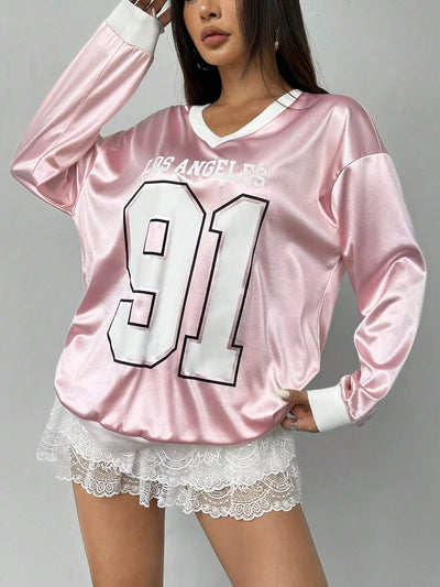 Sporty Activewear Number Printed T Shirt Casual Loose O-Neck Short Sleeve Tees Women 2025 Summer Fashion Streetwear Lady