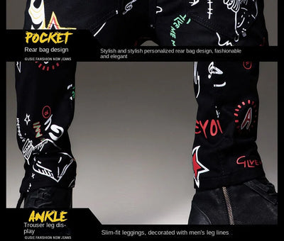 Luxury Mens Denim Pants Hip Hop Graffiti Print Jeans Designer Slim Fit Trendy Black Jeans Stretch Cowboy Cotton Trousers for Men