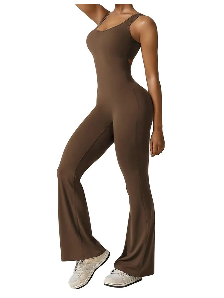 2025 Summer New Women's Sexy Hottie Style Backless One-piece Suit Sports Fitness Yoga Pullover One-piece Suit Flared Pants