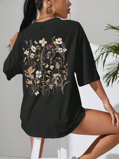Beautiful Flower Clusters Print Cotton Women T-shirts - Elanique