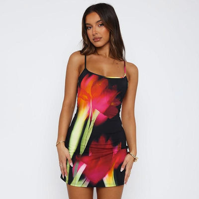 Summer Flowers Printed Suspender Dress Fashion Slim Square Neck Short Dresses Beach Clothing For Women - Elanique