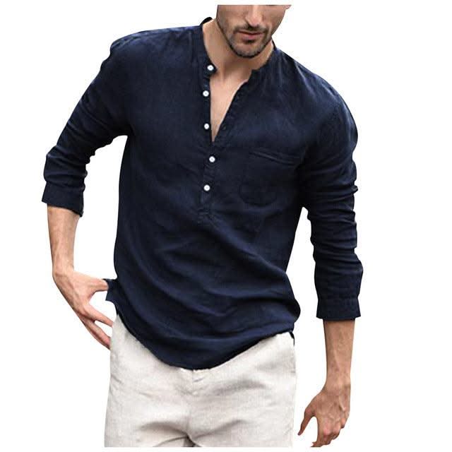 Men Vintage White Shirt Button Linen Shirts - Elanique