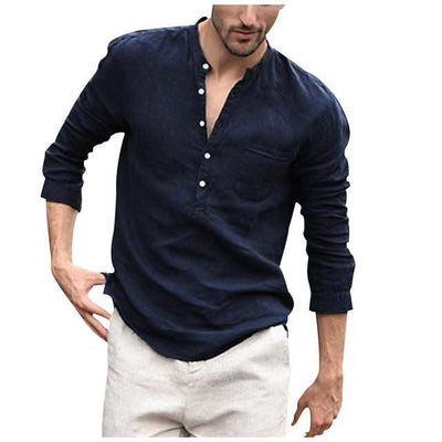 Men Vintage White Shirt Button Linen Shirts - Elanique