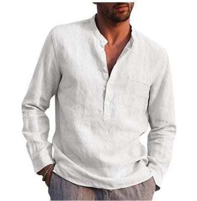 Men Vintage White Shirt Button Linen Shirts - Elanique