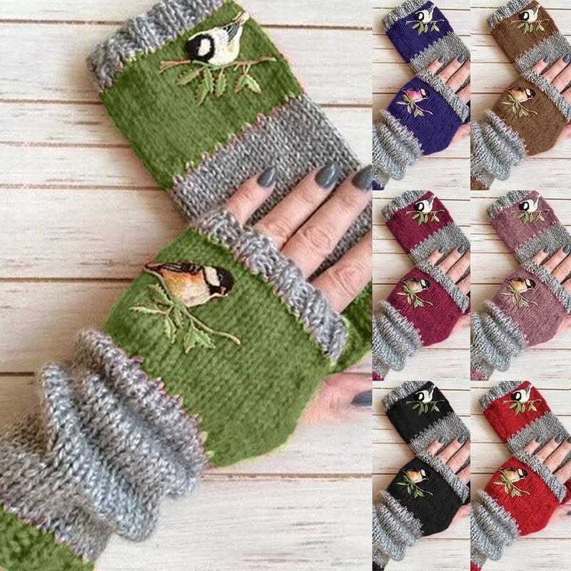 Warm Stitching Embroidered Gloves Women