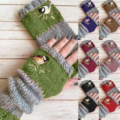 Warm Stitching Embroidered Gloves Women