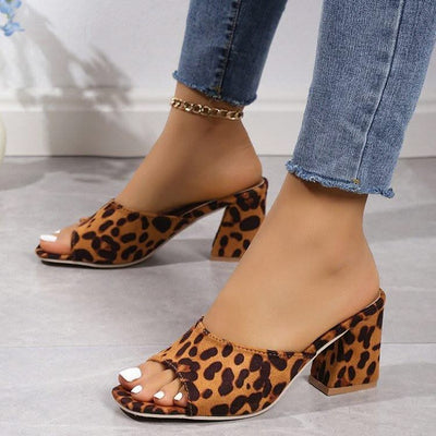 Leopard Square Toe Sandals Summer High-heeled Slippers Chunky Heel Shoes For Women - Elanique