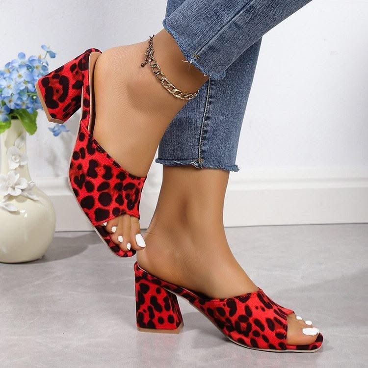 Leopard Square Toe Sandals Summer High-heeled Slippers Chunky Heel Shoes For Women - Elanique