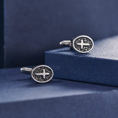 Oval Cross Cufflinks Silver Stainless Steel Shirt Cuff Links For Men Jewelry Accessories - Elanique