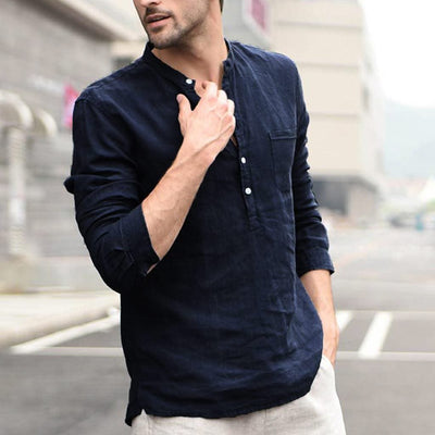 Men Vintage White Shirt Button Linen Shirts - Elanique