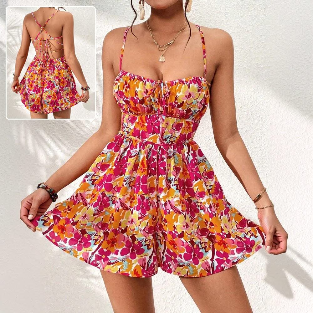Women's Floral Print Dress Summer Lace-up Back Seaside Holiday Short Dresses - Elanique
