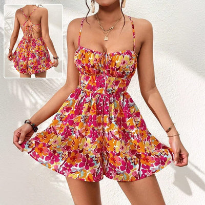 Women's Floral Print Dress Summer Lace-up Back Seaside Holiday Short Dresses - Elanique