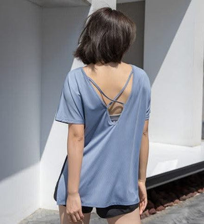 Women Hollow Back Yoga Shirts Short Sleeve Top Sports T-Shirts - Elanique