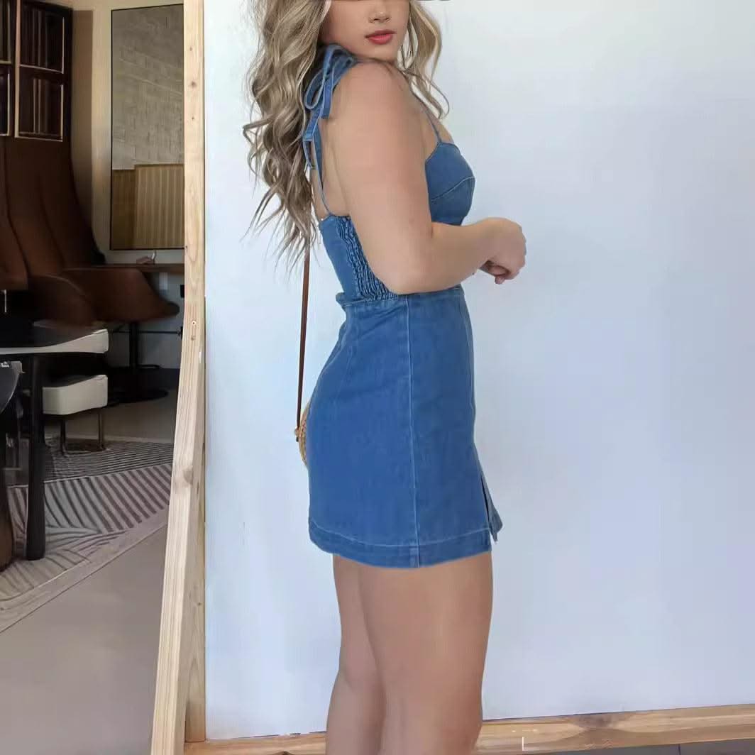 Square Neck Suspender Split Denim Dress With Back Zipper Design Summer Fashion Slim Sling Short Dresses For Women - Elanique