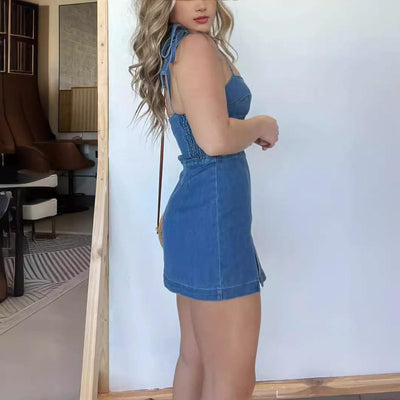 Square Neck Suspender Split Denim Dress With Back Zipper Design Summer Fashion Slim Sling Short Dresses For Women - Elanique