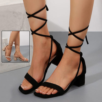 Summer Lace-up Sandals Fashion Square Toe Chunky Heel Shoes For Women - Elanique