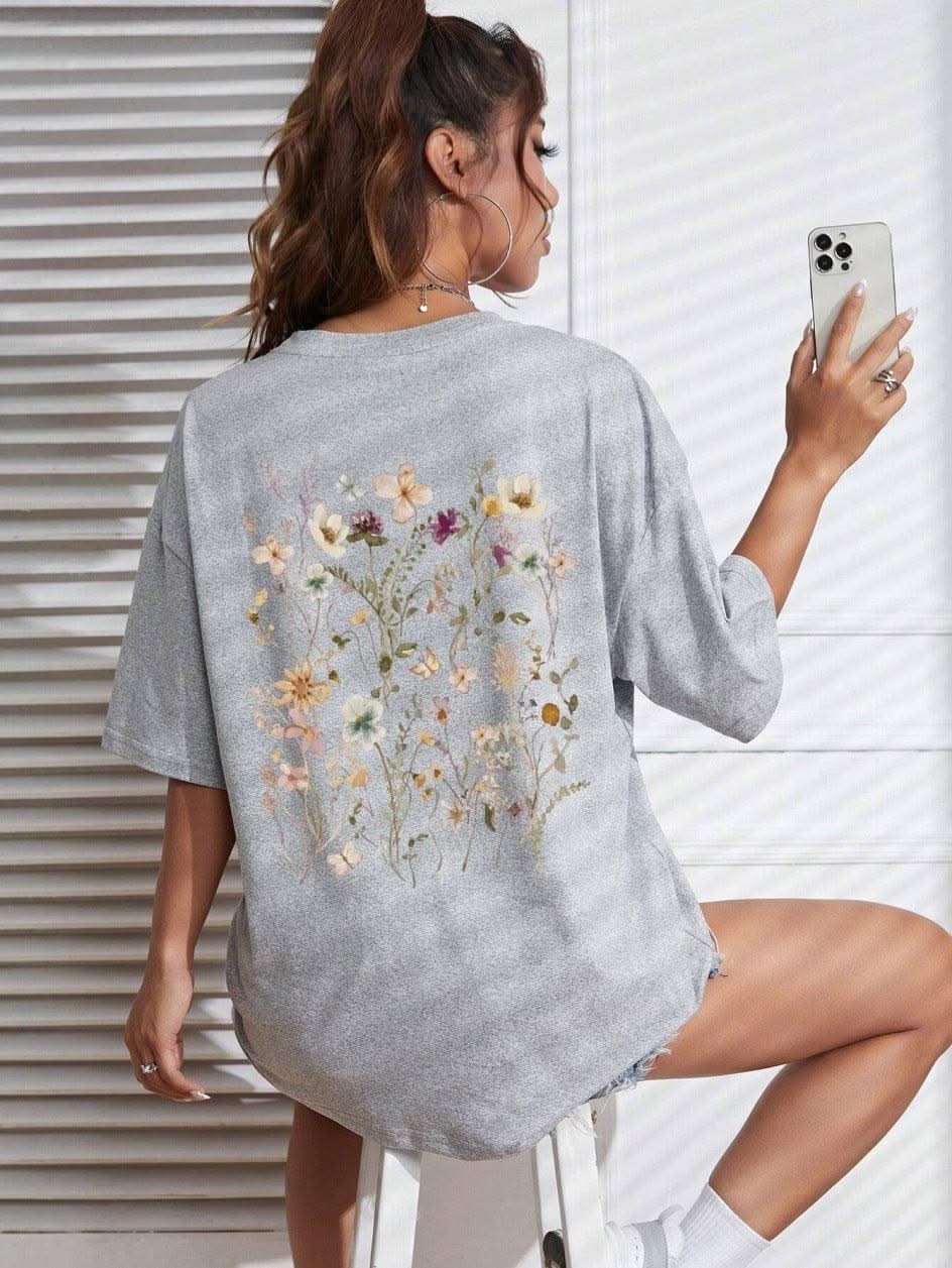 Beautiful Flower Clusters Print Cotton Women T-shirts - Elanique